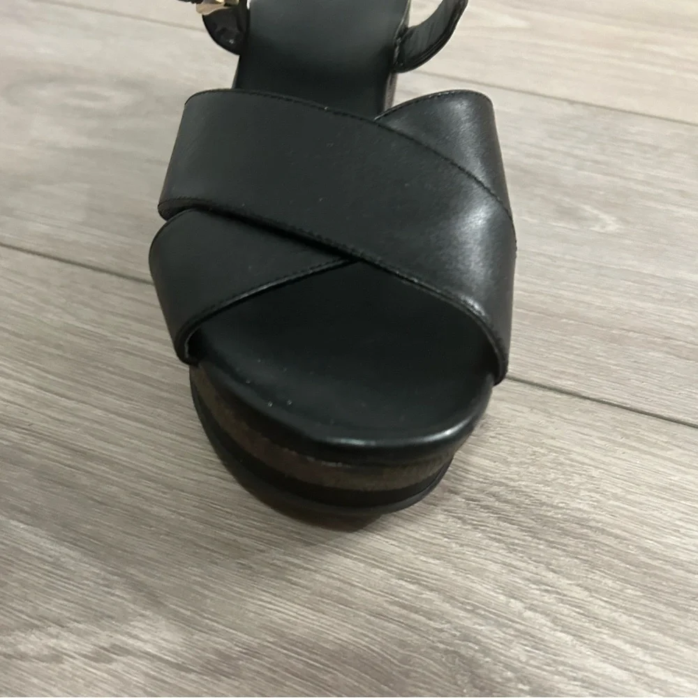 Michael Kors Black Leather Platform Wedge Sandals with Gold Buckle (Size 7)